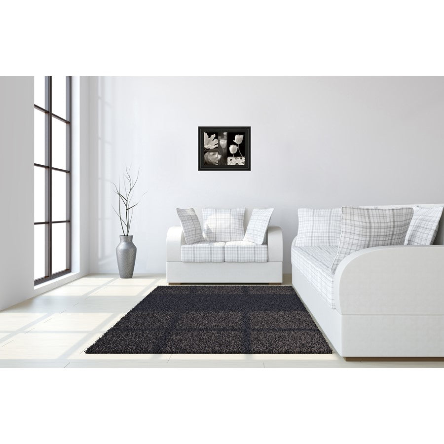 Classy Living Monochrome Blooms 26x22in Wall Art | Contemporary Paper Print in Midnight Aura MDF Frame | Living Room & Bedroom Botanical | Model 4747