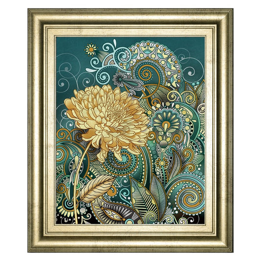 Classy Living Marigold Whimsy 22x26in Wall Art | Contemporary Golden Floral on Teal with Crisp Chardonnay Frame | Living Room & Bedroom Decor | Model 8182