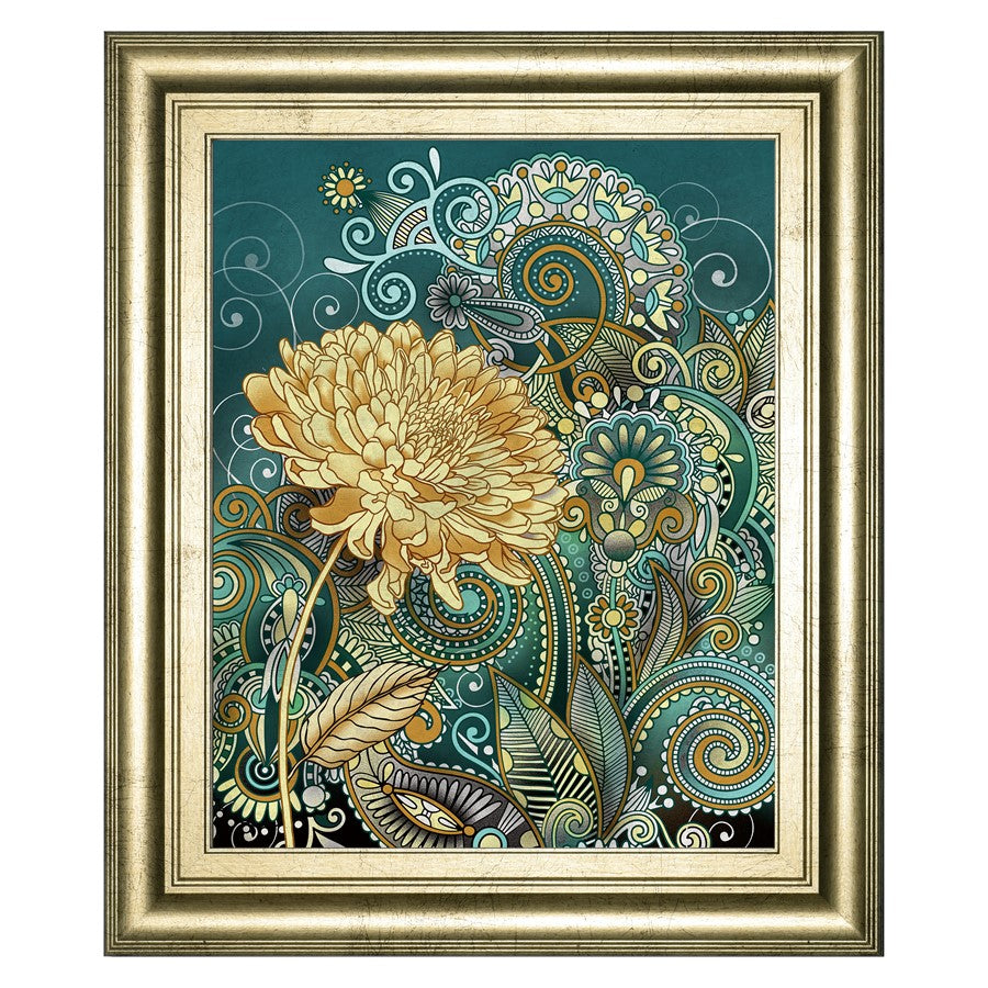 Classy Living Marigold Whimsy 22x26in Wall Art | Contemporary Golden Floral on Teal with Crisp Chardonnay Frame | Living Room & Bedroom Decor | Model 8182