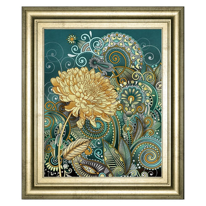 Classy Living Marigold Whimsy 22x26in Wall Art | Contemporary Golden Floral on Teal with Crisp Chardonnay Frame | Living Room & Bedroom Decor | Model 8182