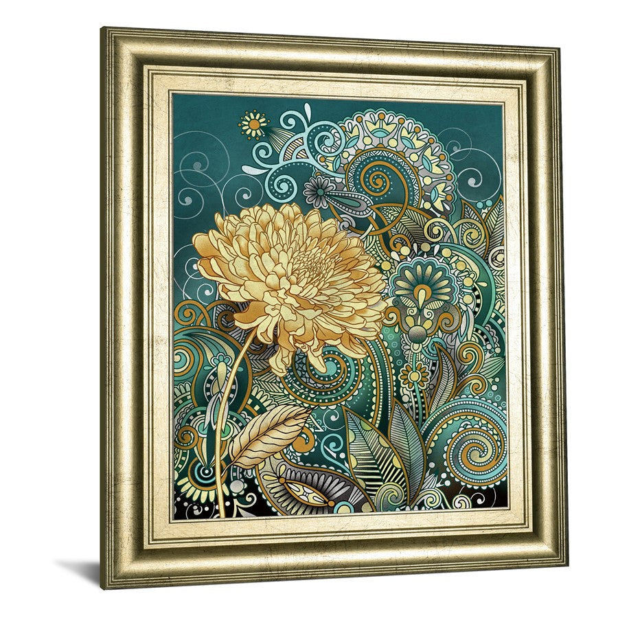 Classy Living Marigold Whimsy 22x26in Wall Art | Contemporary Golden Floral on Teal with Crisp Chardonnay Frame | Living Room & Bedroom Decor | Model 8182