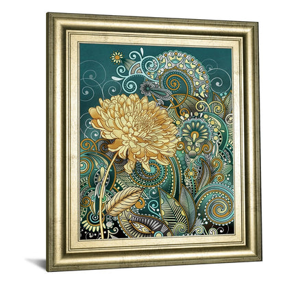 Classy Living Marigold Whimsy 22x26in Wall Art | Contemporary Golden Floral on Teal with Crisp Chardonnay Frame | Living Room & Bedroom Decor | Model 8182