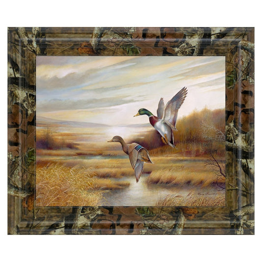 Classy Living Mallard Flight Wall Art 26x22in | Traditional Brown MDF Frame with Glass | Living Room & Office Wildlife Decor | 1 x 26 x 22 in | Model 8207