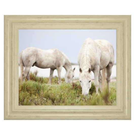 Classy Living Serene Grazing Horses Wall Art 26x22in | Contemporary Framed Print in Ivory Bliss MDF Frame | Living Room & Bedroom Tranquil | Model 8627