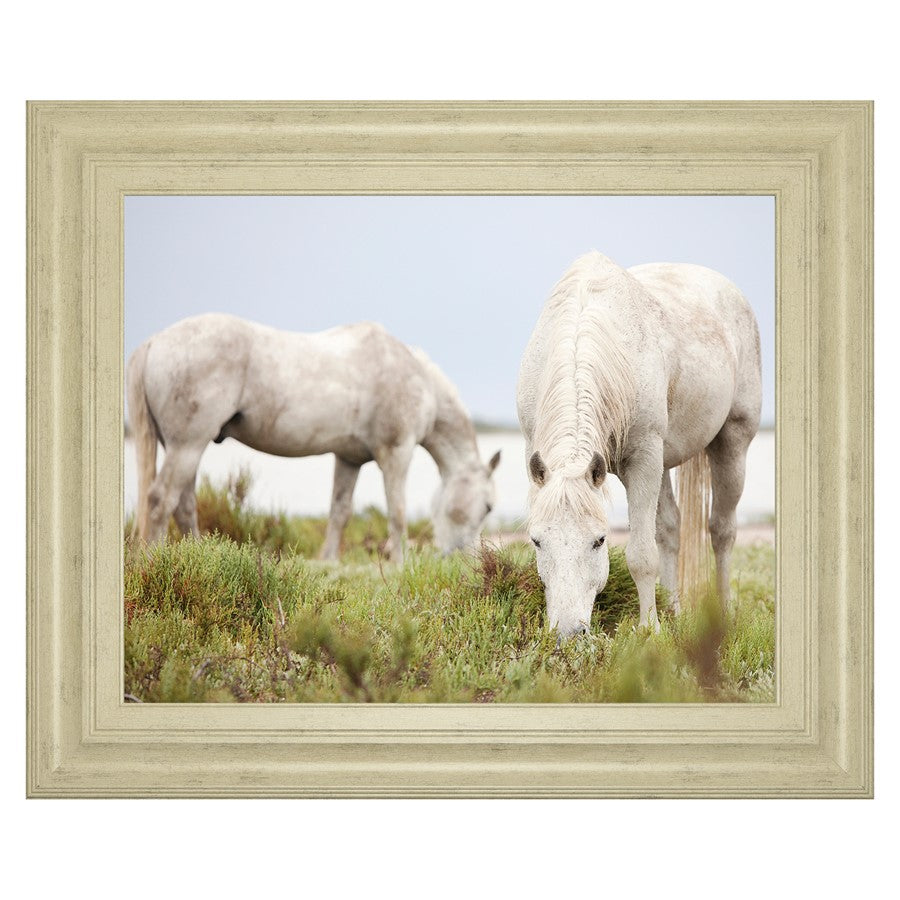 Classy Living Serene Grazing Horses Wall Art 26x22in | Contemporary Framed Print in Ivory Bliss MDF Frame | Living Room & Bedroom Tranquil | Model 8627