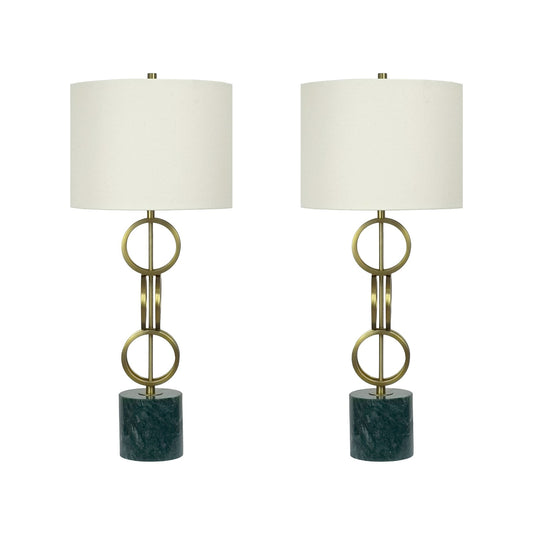 Classy Living Marble Harmony 32in Table Lamp Set of 2 | Modern Green Marble and Matte Gold Bronze | Bedroom Nightstand & Living Room | Model BLL3354