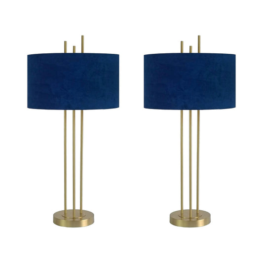 Classy Living Velvet Radiance 33in Table Lamp Set of 2 | Modern Plated Gold Metal with Blue Velvet Shade | Bedroom Nightstand | Model BLL3360