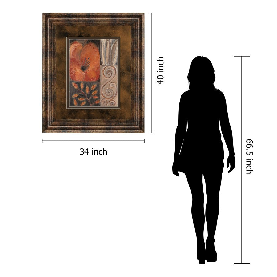 Classy Living Orange Burst I Wall Art 34x40in | Contemporary Floral Graphic Art on Paper in Dark Chocolate MDF Frame | Living Room & | Model DM5122