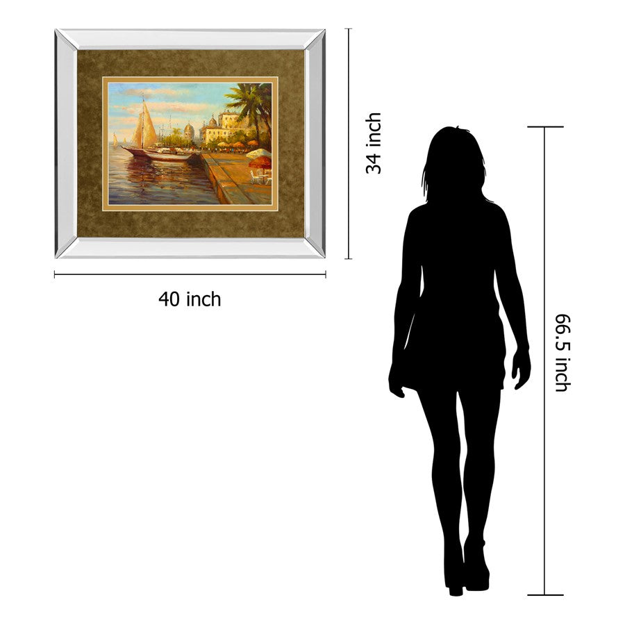 Classy Living Harbor Serenity Wall Art 40x34in | Transitional Mirrored Frame Coastal Sailboat Scene | Living Room & Bedroom Wall Decor | Model DM5127MF