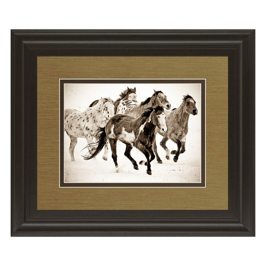 Classy Living Running Horses Wall Art 40x34in | Antique/Vintage Sepia Photograph Dark Chocolate MDF Frame | Living Room Office & Study | Model DM5424