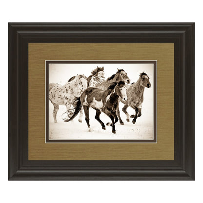 Classy Living Running Horses Wall Art 40x34in | Antique/Vintage Sepia Photograph Dark Chocolate MDF Frame | Living Room Office & Study | Model DM5424