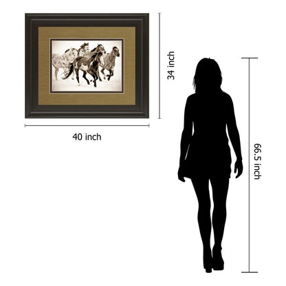 Classy Living Running Horses Wall Art 40x34in | Antique/Vintage Sepia Photograph Dark Chocolate MDF Frame | Living Room Office & Study | Model DM5424