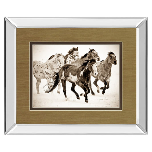 Classy Living Running Horses Wall Art 40x34in | Vintage Sepia Photograph in Mirrored Frame | Living Room & Office Gallery Decor | 40 x 34 | Model DM5424MF