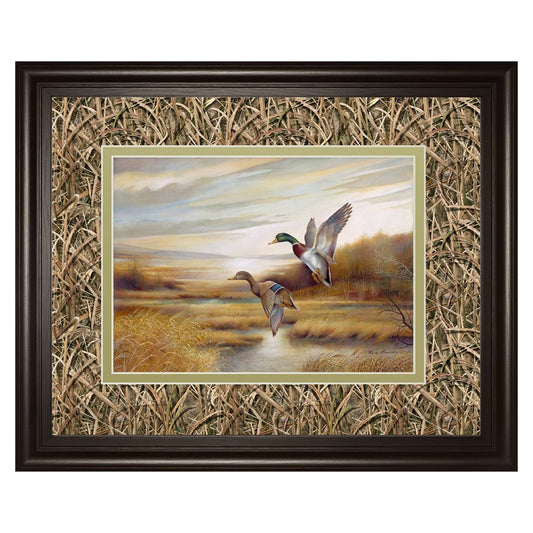 Classy Living Mallard Flight Wall Art 40x34in | Traditional Cinnamon Mocha MDF Frame with Double Mat | Living Room & Office Wildlife Decor | Model DM5473