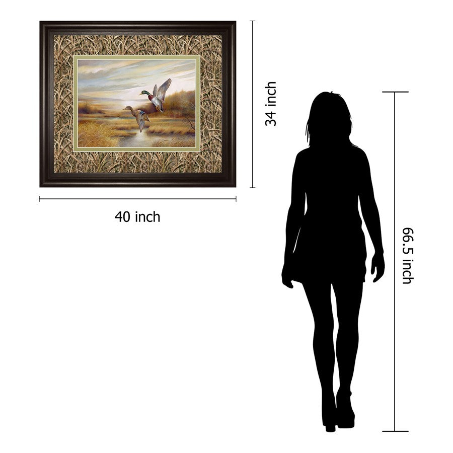 Classy Living Mallard Flight Wall Art 40x34in | Traditional Cinnamon Mocha MDF Frame with Double Mat | Living Room & Office Wildlife Decor | Model DM5473