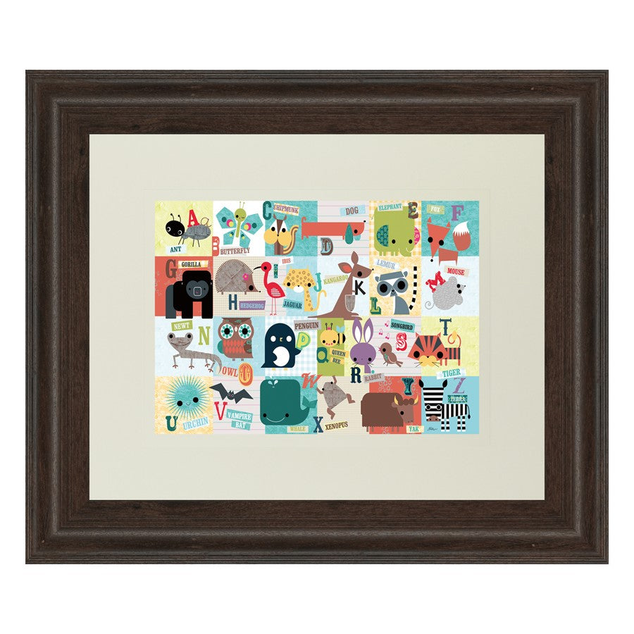 Classy Living Whimsical Alphabet Zoo Wall Art 40x34in | Contemporary Cinnamon Mocha MDF Frame with Real Glass | Kids Nursery & Playroom | Model DM5508
