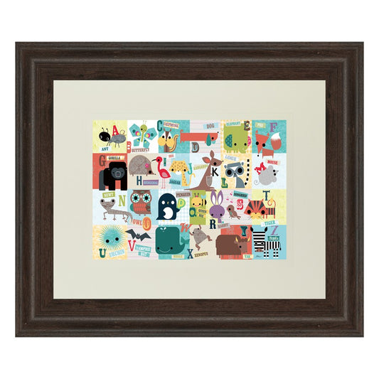 Classy Living Whimsical Alphabet Zoo Wall Art 40x34in | Contemporary Cinnamon Mocha MDF Frame with Real Glass | Kids Nursery & Playroom | Model DM5508