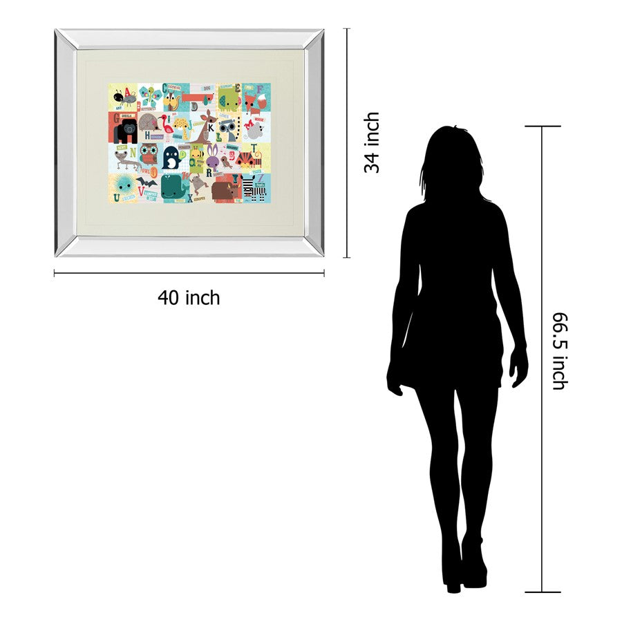 Classy Living Whimsical Alphabet Zoo Wall Art 40x34in | Contemporary Mirrored Frame with Real Glass | Nursery & Playroom Educational | Model DM5508MF