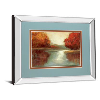 Classy Living Crimson Shoreline 40x34in Wall Art | Transitional Mirrored Frame Autumn River Landscape | Living Room & Office Decor | 40 x | Model DM5677MF