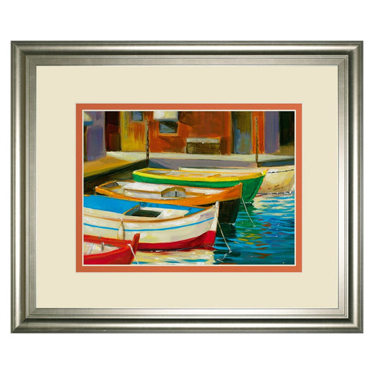 Classy Living Canal Boats Wall Art 40x34in | Transitional Silver Serenity MDF Frame and Paper Print | Living Room & Office Coastal Decor | Model DM5729