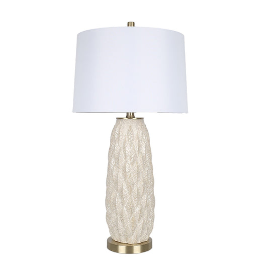 Classy Living Textured Leaves 28in 1-Light Table Lamp Set | Modern Beige Soft Gold Ceramic and White Linen | Bedside & Living Room | Model ECL1159E