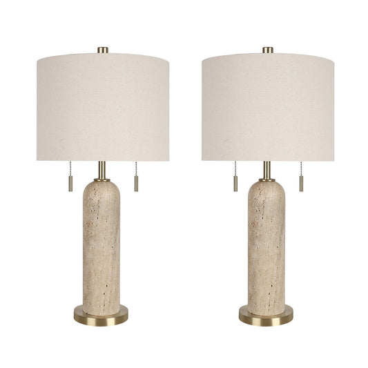 Classy Living Travertine Elegance 27in Table Lamp Set of 2 | Modern Natural Stone and Soft Gold Metal | Living Room & Bedroom | Model ECL3282