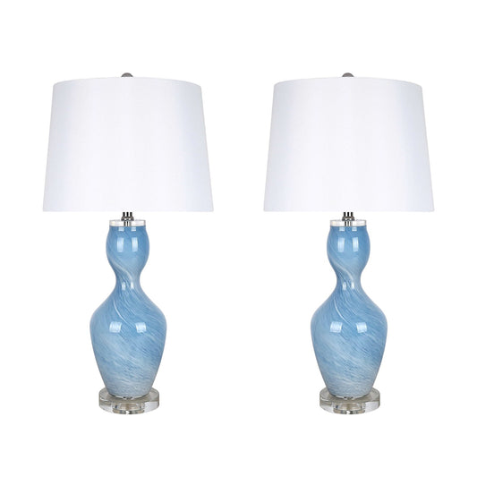 Classy Living Azure Elegance 27in Table Lamp Set of 2 | Modern Blue and White Art Glass with Clear Crystal | Bedside & Reading Nook | Model ECL3286