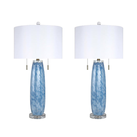 Classy Living Azure Drift 30in Table Lamp Set of 2 | Transitional Blue and White Art Glass with Clear Crystal | Living Room & Bedroom | Model ECL3290