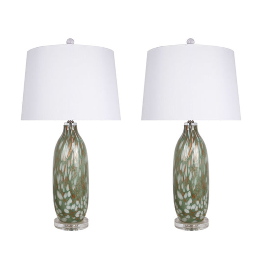 Classy Living Verdant Glow 29in 1-Light Table Lamp Set of 2 | Modern Green Art Glass and White Linen | Bedroom & Living Room | Model ECL3314