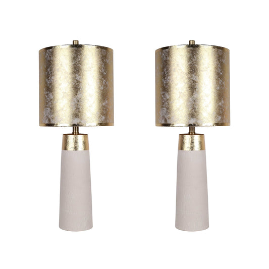 Classy Living Luxe Radiance 29in Ceramic Table Lamp Set of 2 | Modern White and Gold Leafing with Gold PVC Drum Shade | Bedroom | Model ECL3320