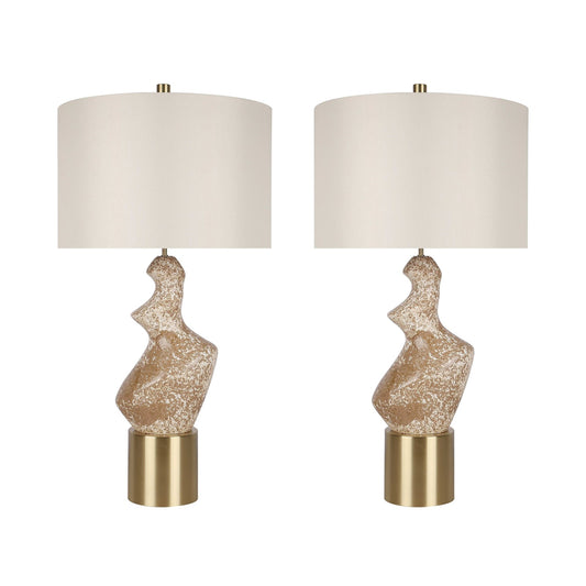Classy Living Sculptural Serenity 30in Ceramic Table Lamp Set of 2 | Contemporary Cream and Tan with Soft Gold and Off-White Linen | Model ECL3322