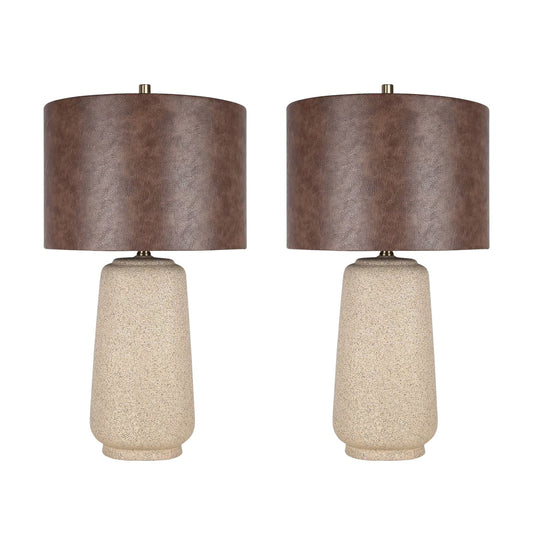 Classy Living Rustic Harmony 28in Ceramic Table Lamp Set of 2 | Modern Natural Rock with Brown Faux Leather Drum Shade | Bedroom | Model ECL3324
