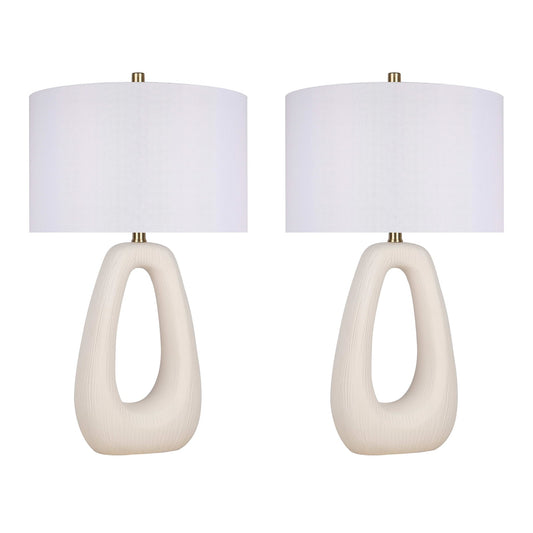 Classy Living Serenity Loop 15in Ceramic Table Lamp Set of 2 | Modern Textured White Ceramic and White Linen Drum Shade | Bedroom | Model ECL3334