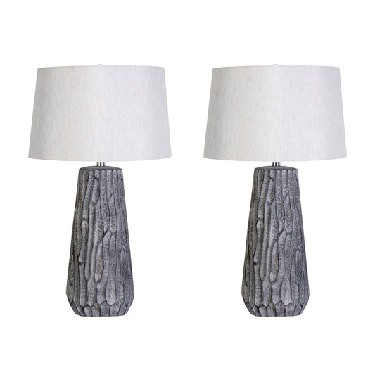 Classy Living Textured Elegance 17in Ceramic Table Lamp Set of 2 | Modern Grey Ceramic and Natural Linen | Bedroom Nightstand | Model KTL3388