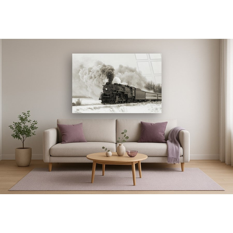 Classy Living Railroad Smoke 60x40in Frameless Glass Wall Art | Contemporary Train Photography on Tempered Glass | Living Room & Office | Model SF1308
