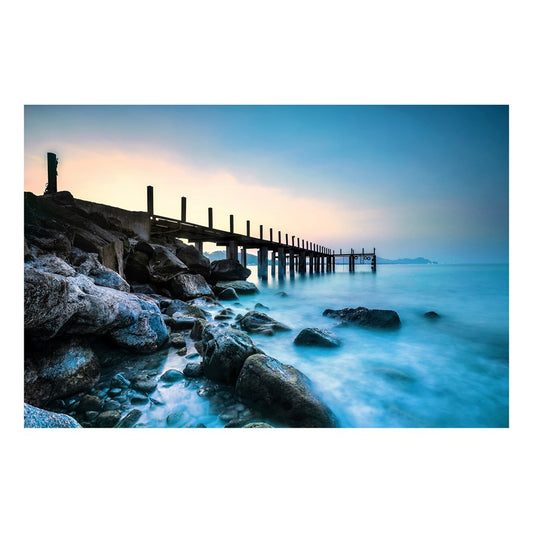 Classy Living Foggy Pier Serenityless 60x40in Wall Art | Contemporary Blue Multicolor Tempered Glass | Living Room & Office Coastal Decor | Model SF1313
