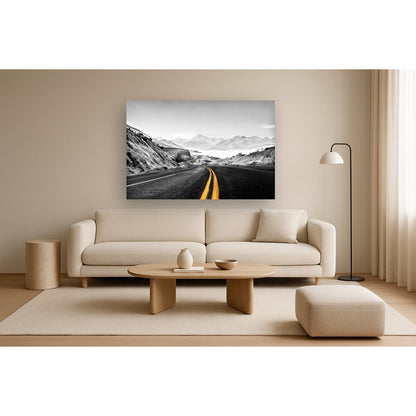 Classy Living Mountain Road 60x40 Frameless Glass Wall Art | Contemporary Monochrome Landscape on Tempered Glass | Living Room & Office | Model SF1315