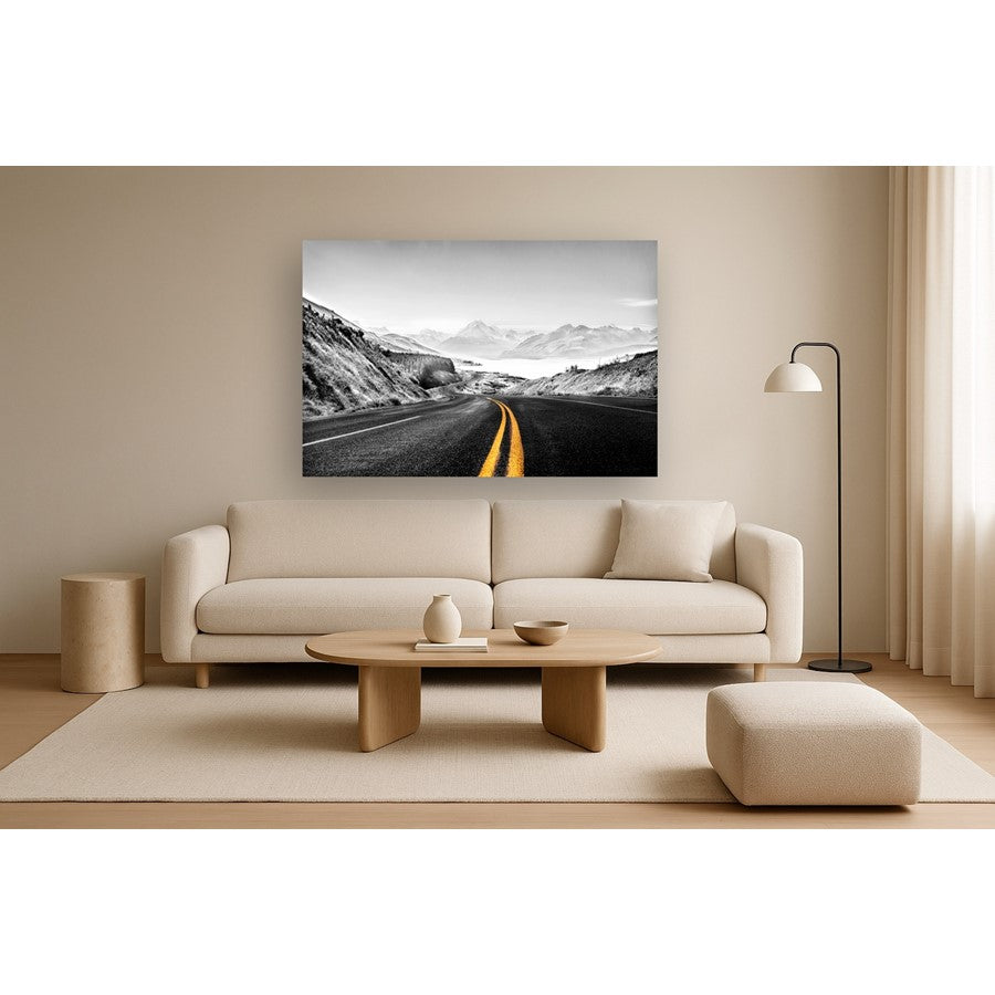 Classy Living Mountain Road 60x40 Frameless Glass Wall Art | Contemporary Monochrome Landscape on Tempered Glass | Living Room & Office | Model SF1315