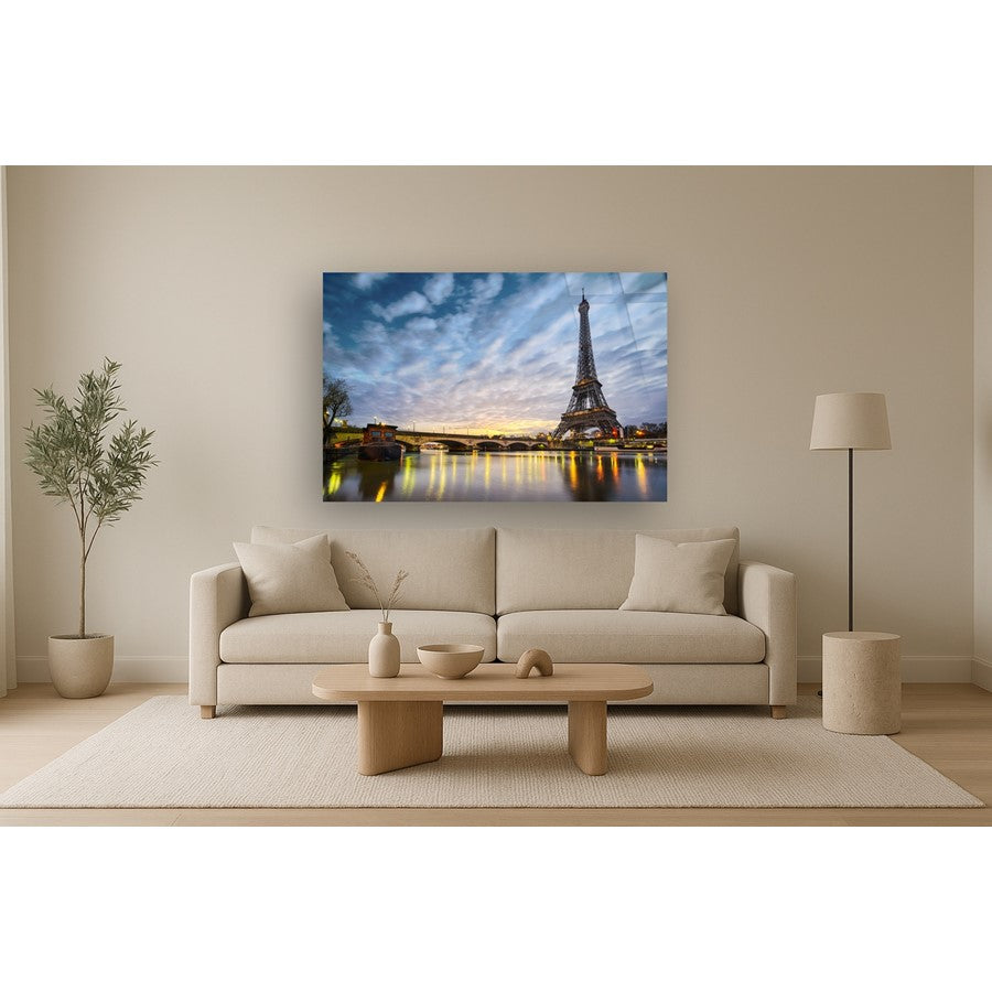 Classy Living Night in Paris 60x40in Frameless Wall Art | Contemporary Blue Tempered Glass and Foil | Living Room & Office Decor | 60 x 40 | Model SF1317