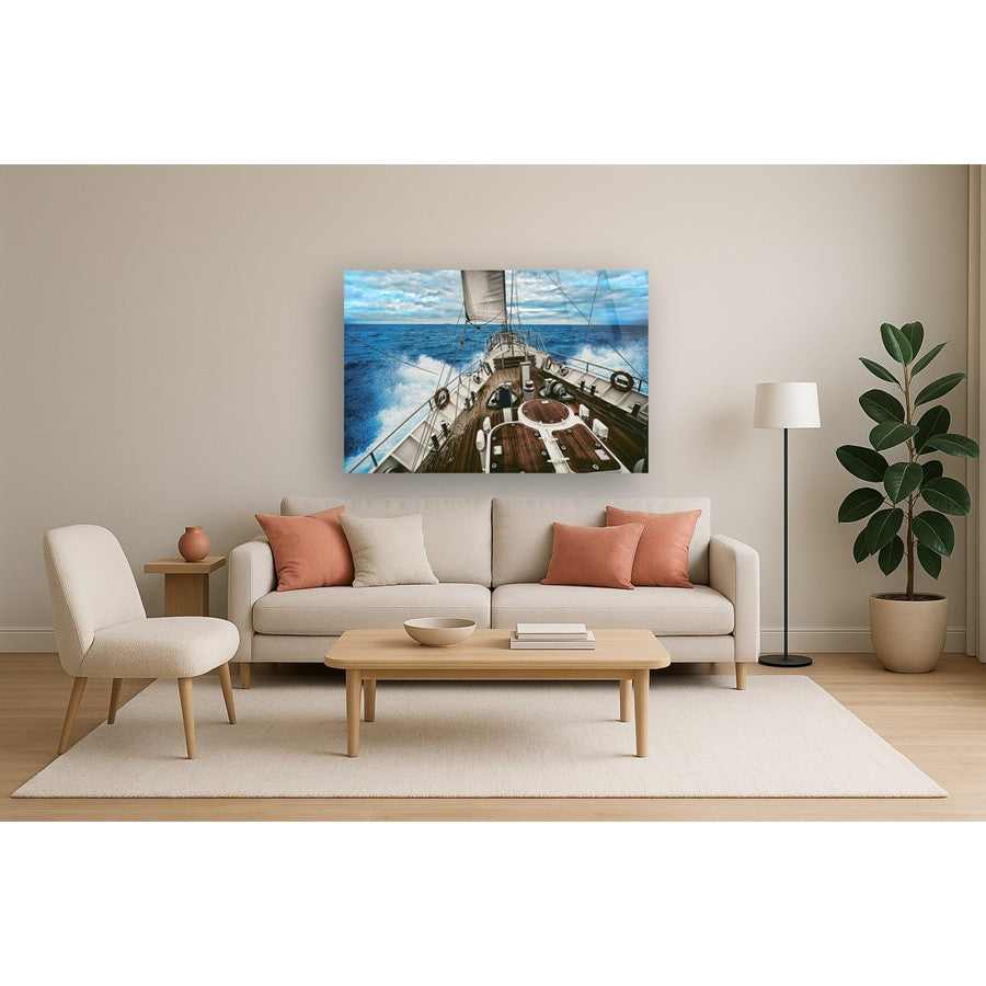 Classy Living Sailboat Waters 60x40 Frameless Glass Wall Art | Contemporary Coastal Blue Tempered Glass | Living Room & Office Decor | 60 x | Model SF1321