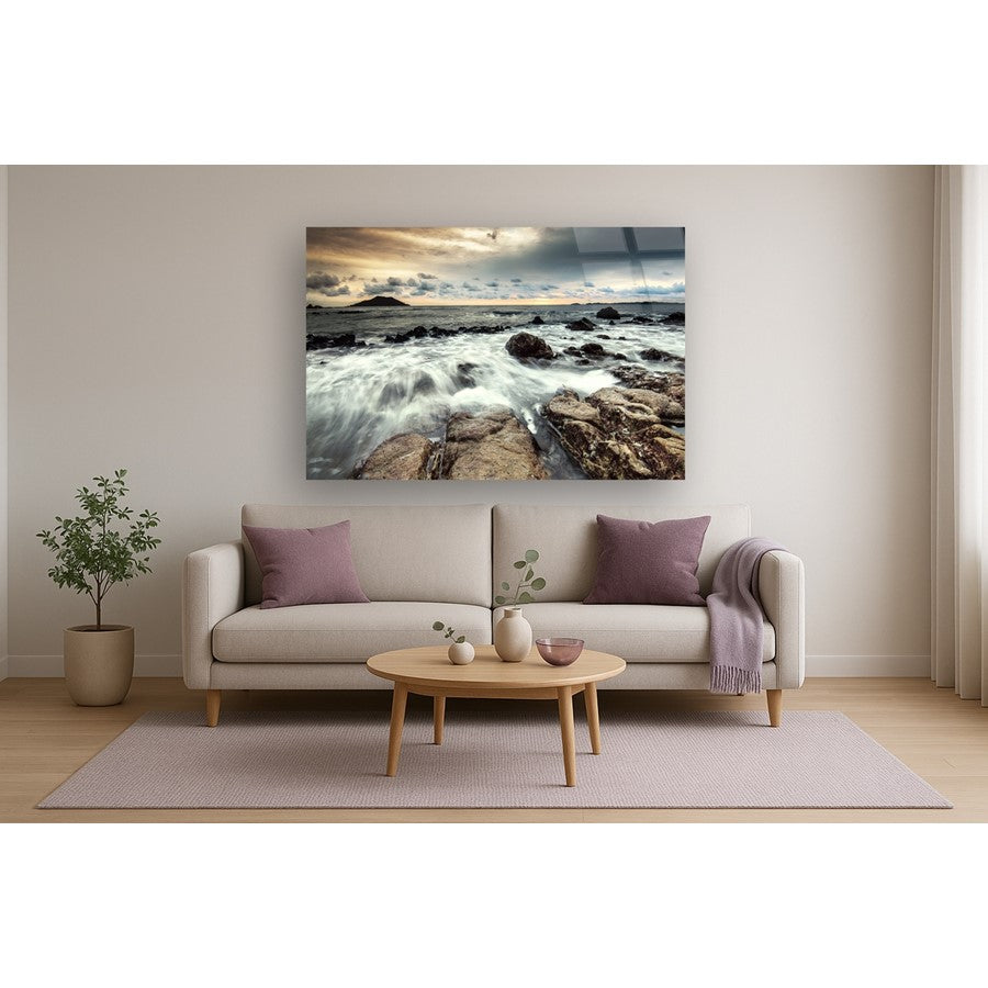 Classy Living Breaking Water 60x40in Frameless Glass Wall Art | Contemporary Multicolor Paper Print Under Tempered Glass | Living Room & | Model SF1322