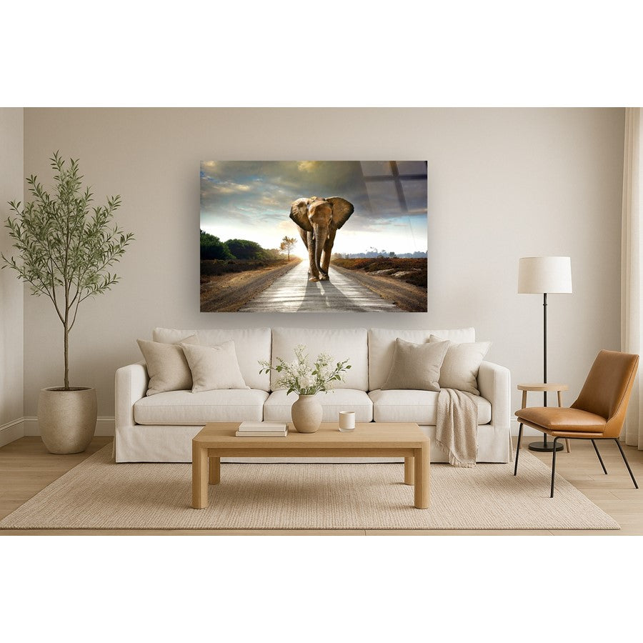 Classy Living Elephant Journey 60x40in Wall Art | Contemporary Tempered Glass Graphic Art | Living Room & Office Decor | 60 x 40 x 0.125 in | Model SF1349