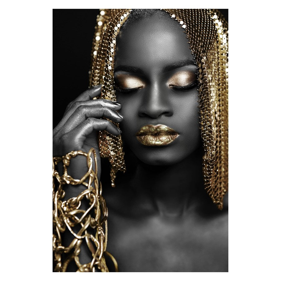Classy Living Woman Gold Hair 40x60 Frameless Glass Wall Art | Contemporary Black and Gold Portrait | Living Room & Office Decor | 40 x 60 | Model SF1352