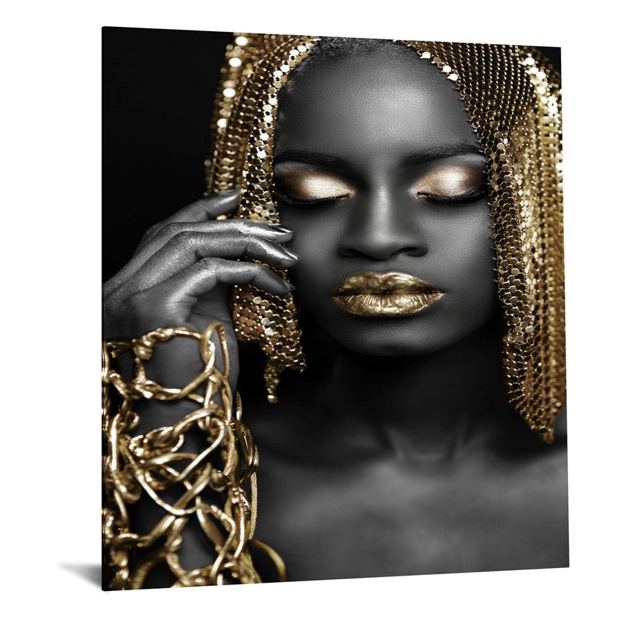Classy Living Woman Gold Hair 40x60 Frameless Glass Wall Art | Contemporary Black and Gold Portrait | Living Room & Office Decor | 40 x 60 | Model SF1352