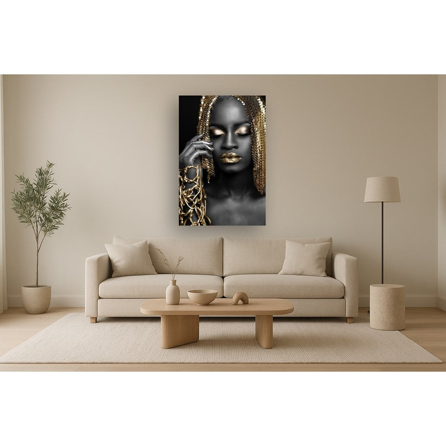 Classy Living Woman Gold Hair 40x60 Frameless Glass Wall Art | Contemporary Black and Gold Portrait | Living Room & Office Decor | 40 x 60 | Model SF1352