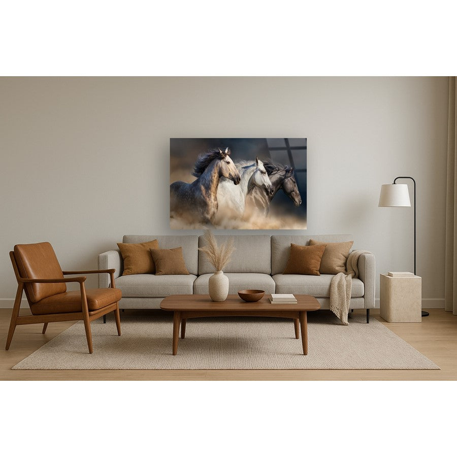 Classy Living Wild Stallion Trio 60x40in Glass Wall Art | Contemporary Frameless Tempered Glass | Living Room & Office Statement Piece | 60 | Model SF1376