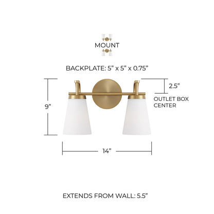 Homeplace Lighting Drake 2Lt Vanity, Aged Brass/Soft White Glass