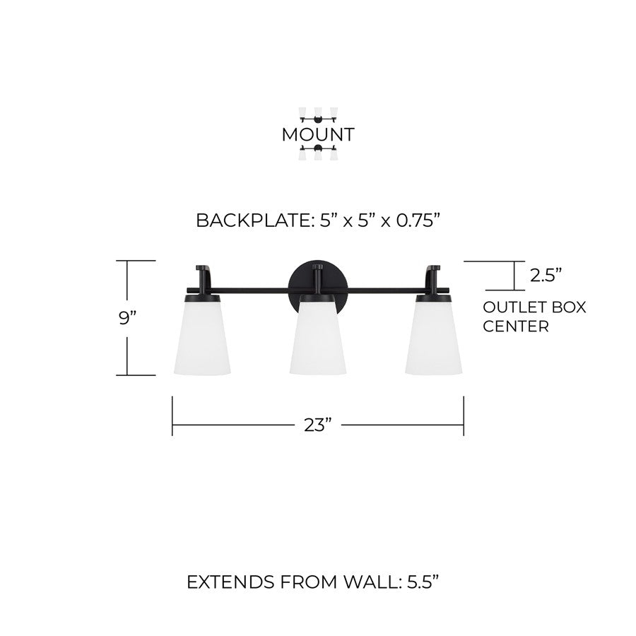 Homeplace Lighting Drake 3Lt Vanity, Matte Black/Soft White Glass