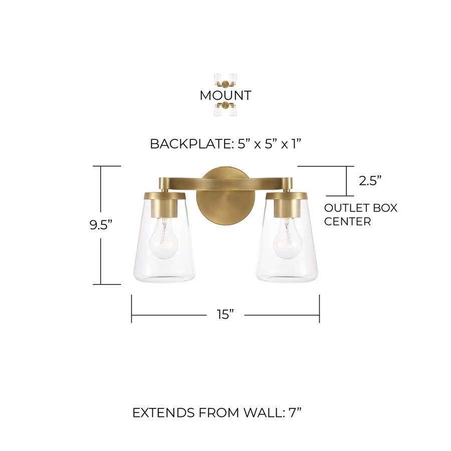 Homeplace Lighting Aaron 2 Light Vanity, Aged Brass/Clear Glass