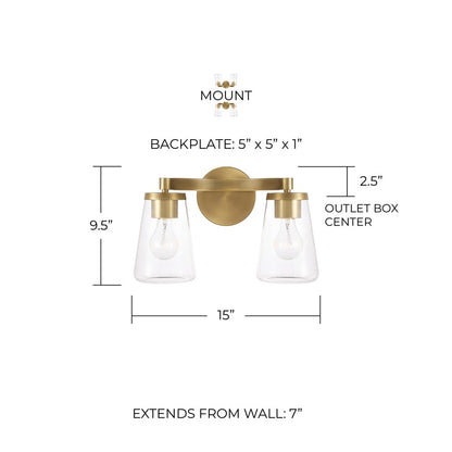 Homeplace Lighting Aaron 2 Light Vanity, Aged Brass/Clear Glass